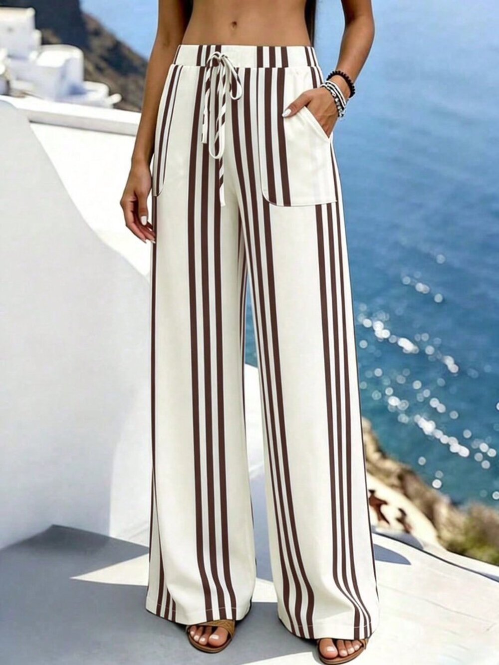 Brown Casual Women's Striped Wide Leg Trousers - Picture 5 of 6
